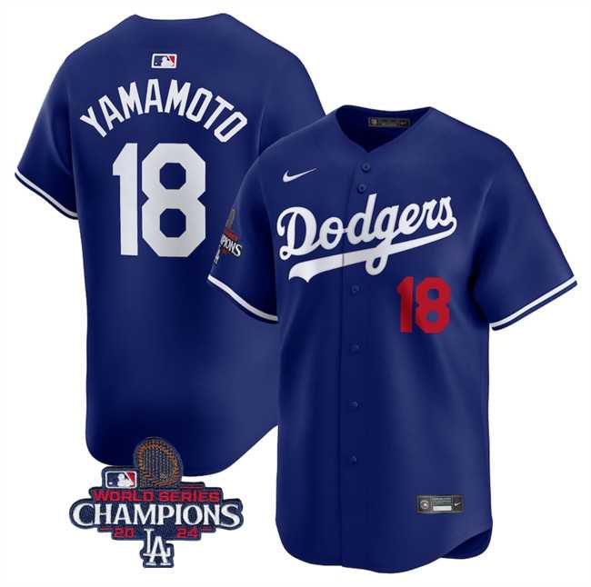 Men%27s Los Angeles Dodgers #18 Yoshinobu Yamamoto Royal 2024 World Series Champions Alternate Limited Stitched Baseball Jersey